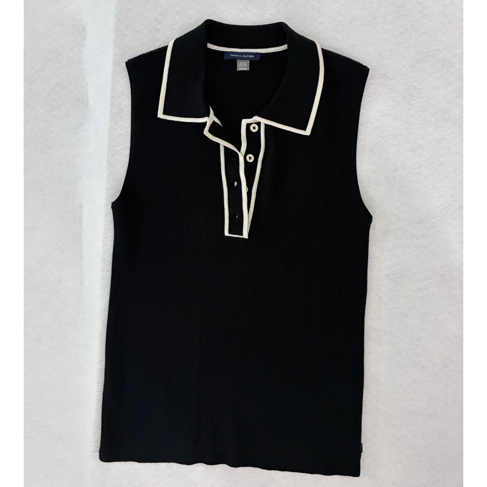 Tommy Hilfiger Womens Black Ribbed Sleeveless Polo Sweater Top Size M 0011